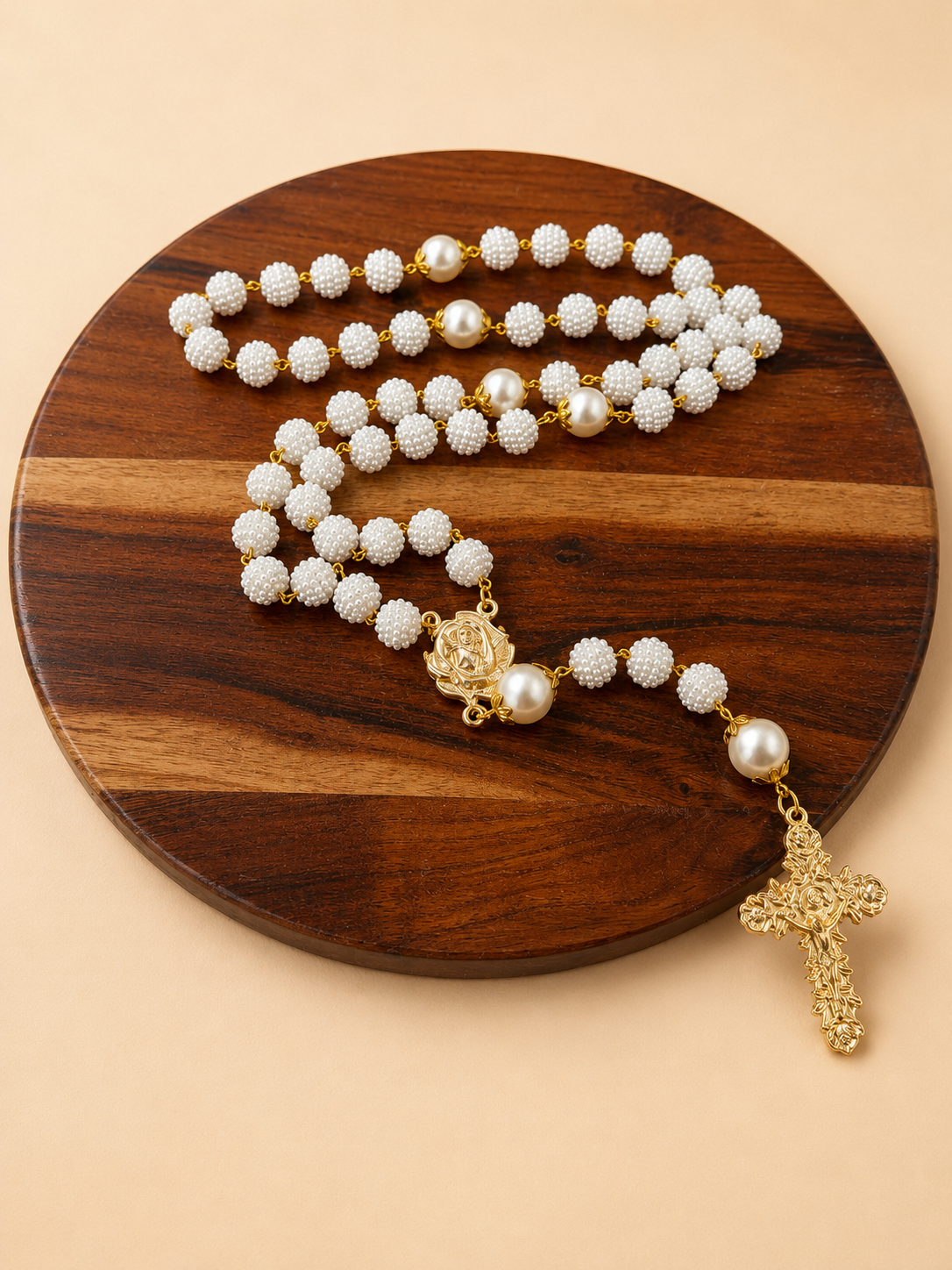 Handcrafted Saint Thérèse Rosary – White Pearl Beads & Gold Crucifix