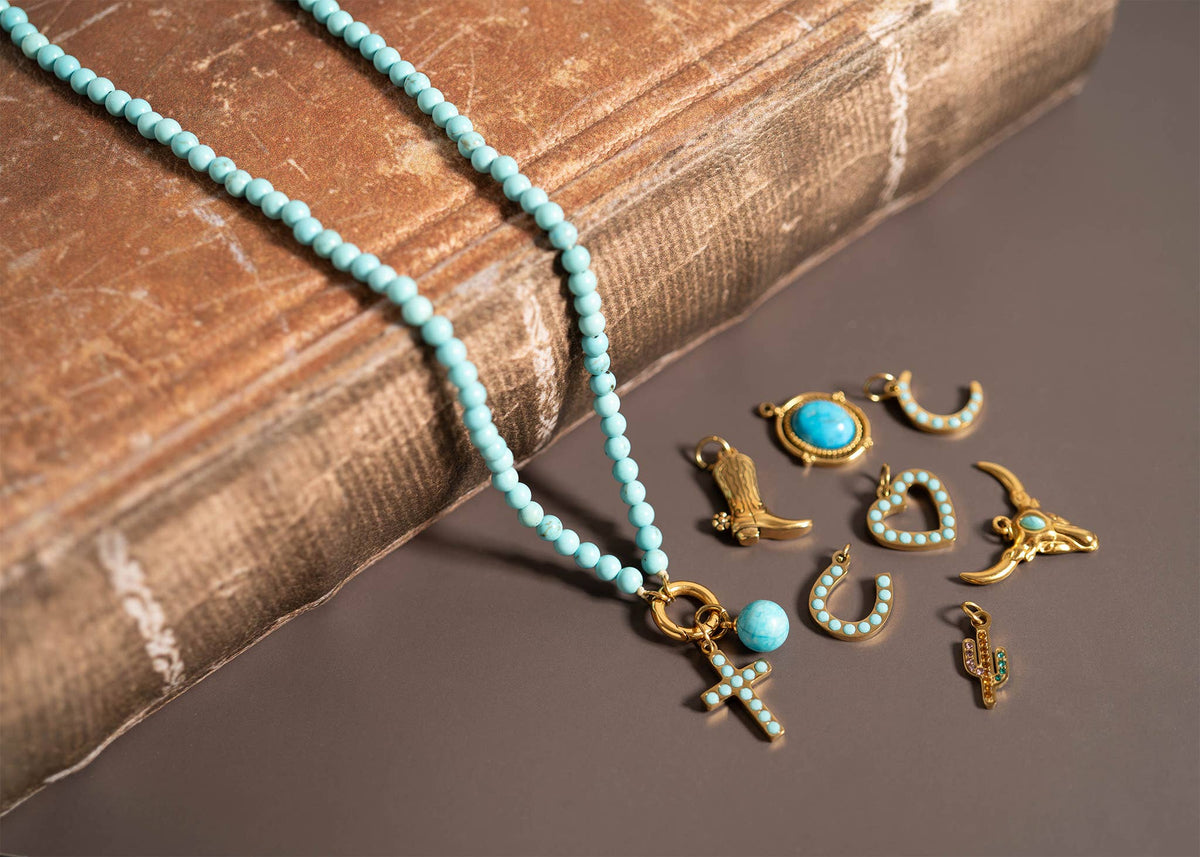 18K Gold PVD Stainless Steel Turquoise Stone Cross Charm