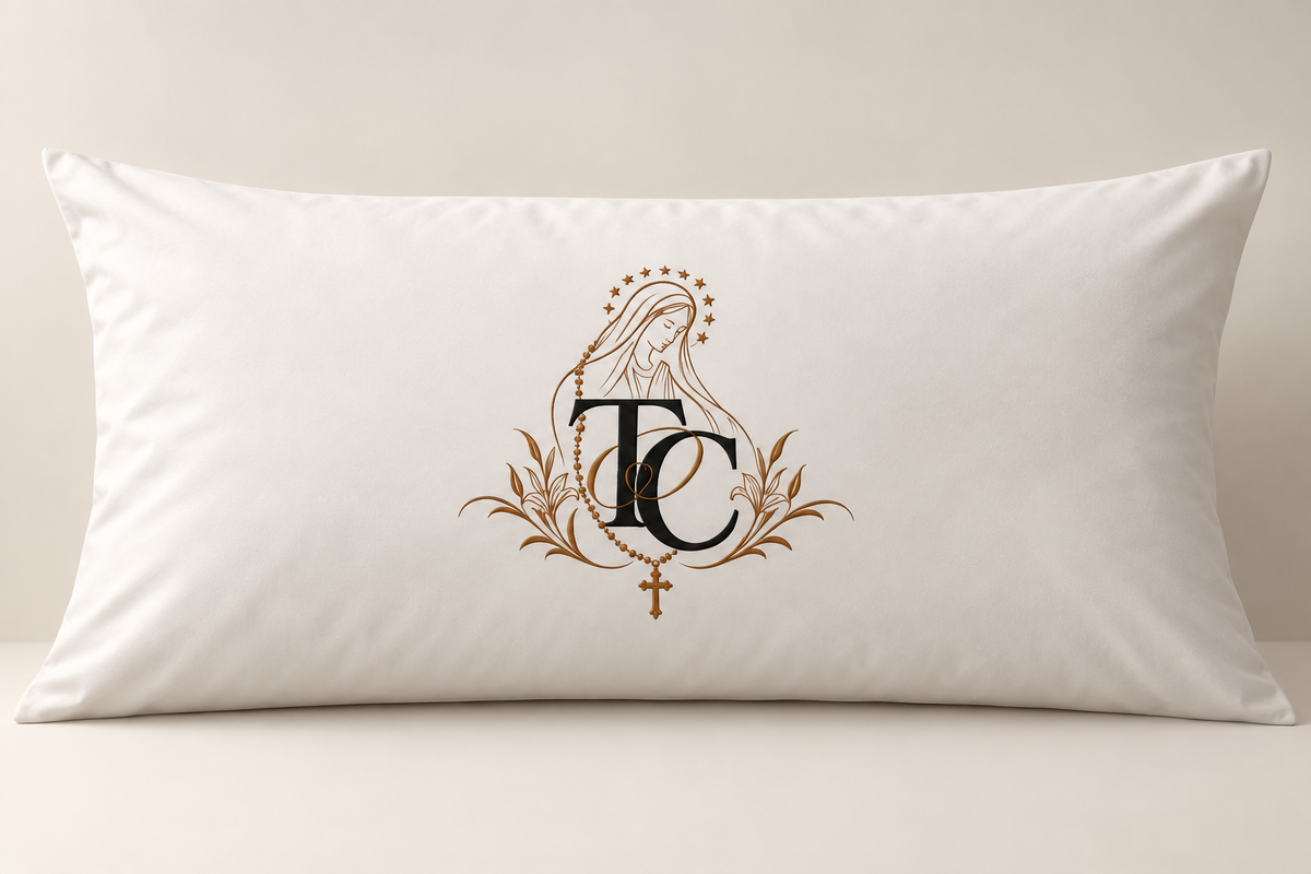 Personalized Catholic Queen Pillowcase: Virgin Mary Design, Couple Initials (Cotton)