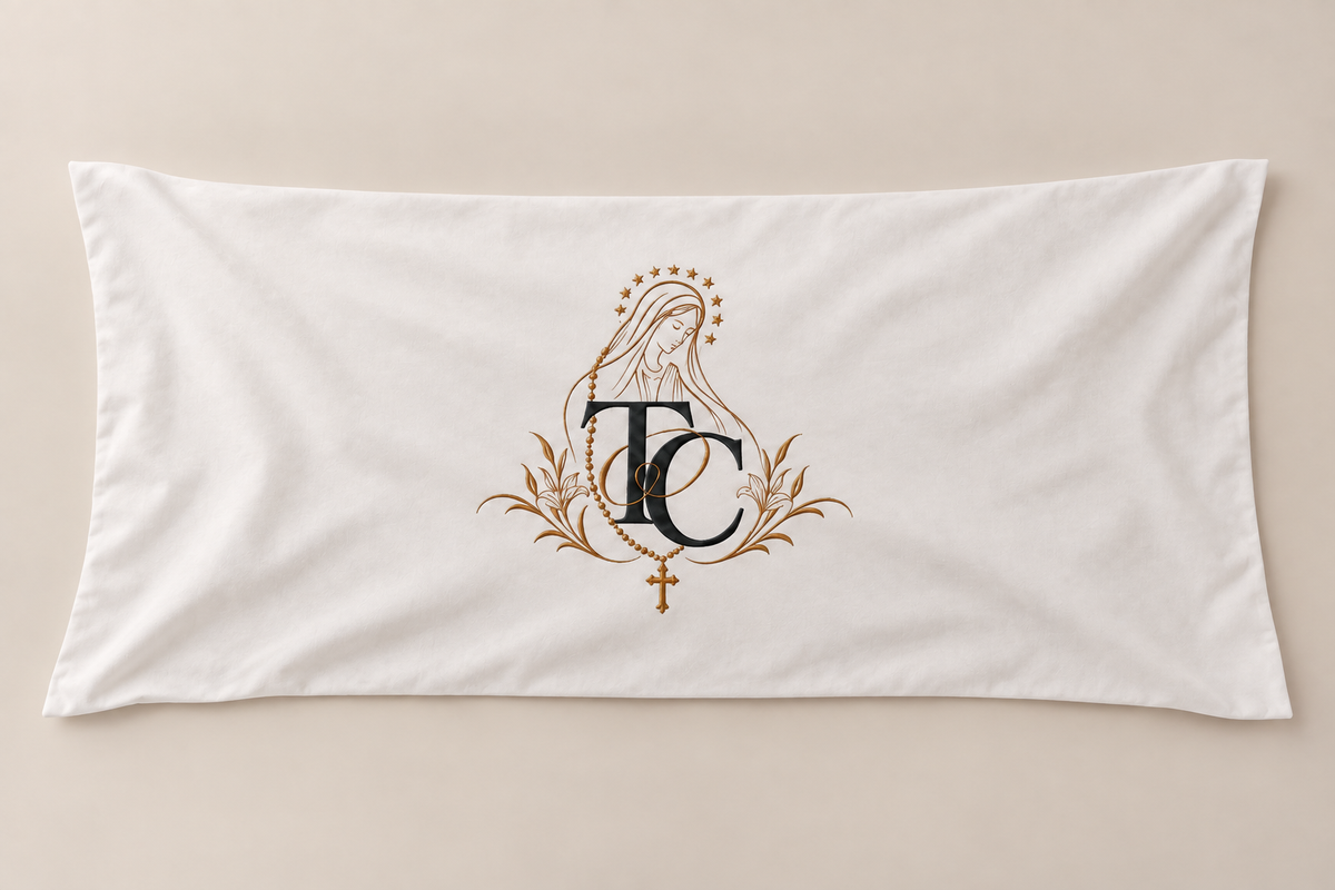 Personalized Catholic Queen Pillowcase: Virgin Mary Design, Couple Initials (Cotton)