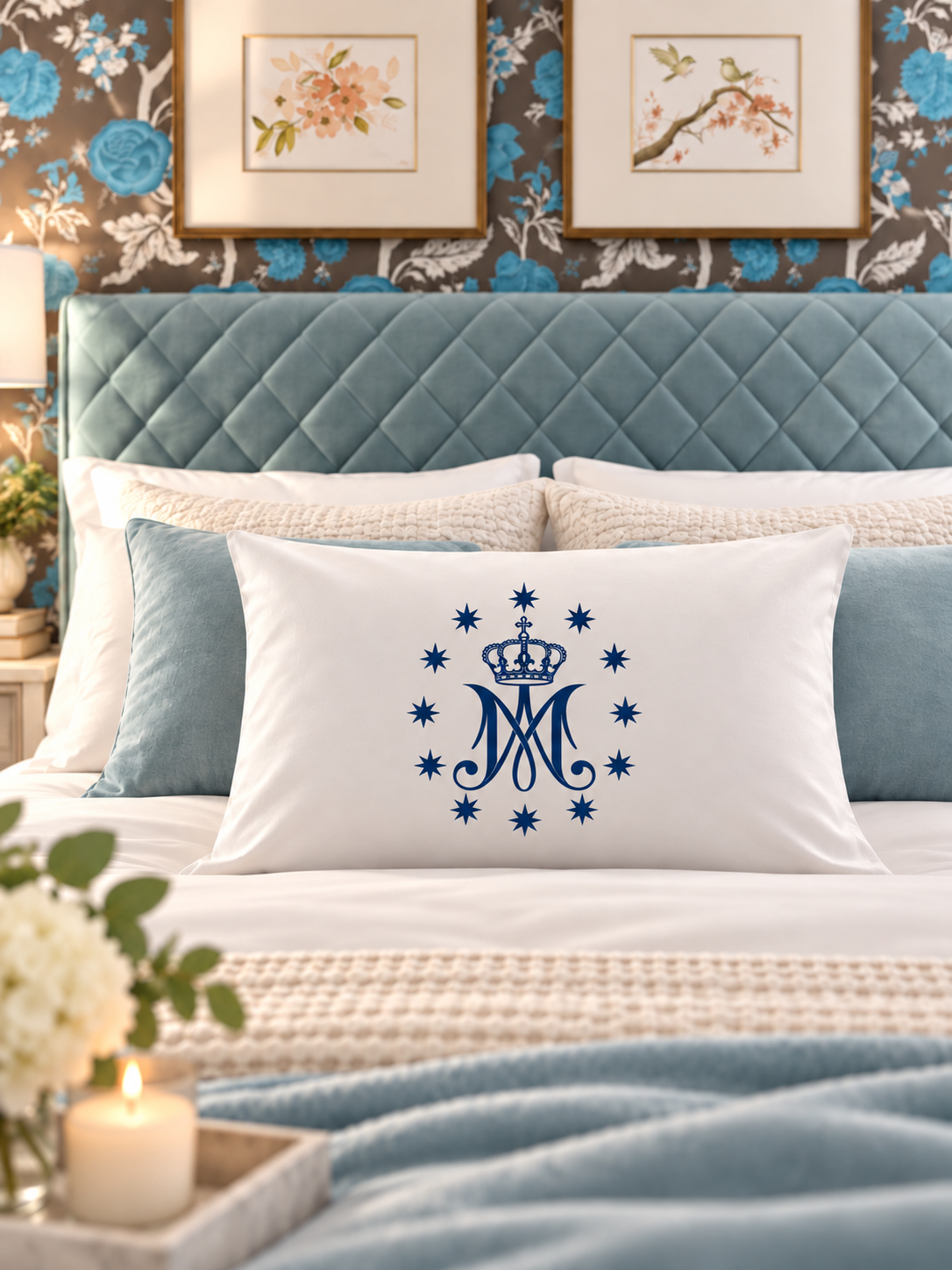 Virgin Mary Monogram Blue Marian Decor Cotton Pillowcase