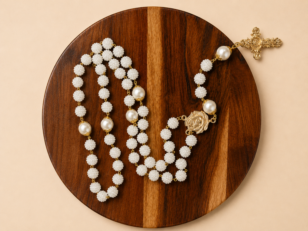 Handcrafted Saint Thérèse Rosary – White Pearl Beads & Gold Crucifix