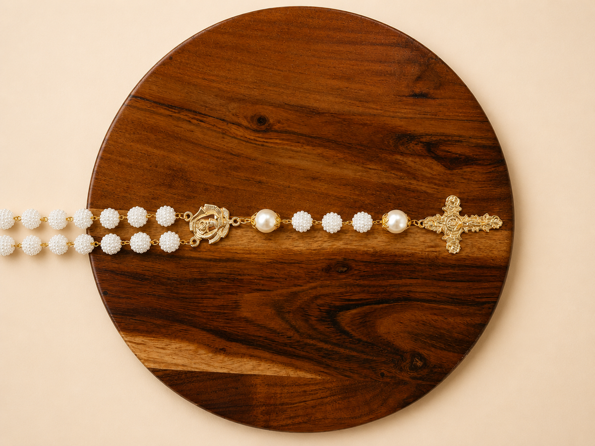 Handcrafted Saint Thérèse Rosary – White Pearl Beads & Gold Crucifix