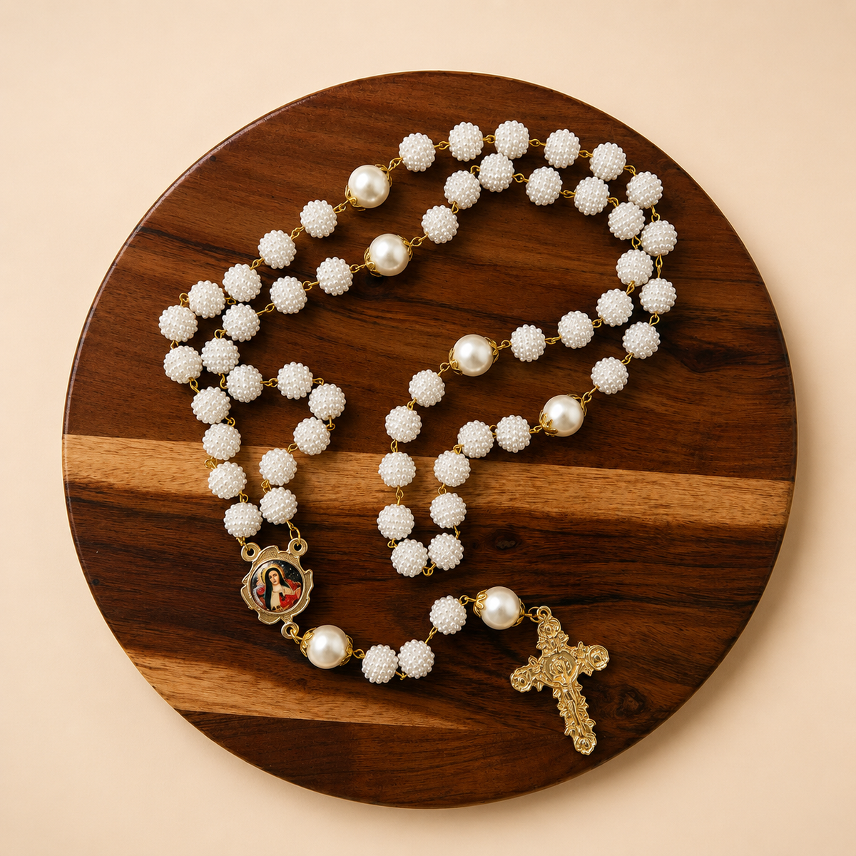 Handcrafted Saint Thérèse Rosary – White Pearl Beads & Gold Crucifix