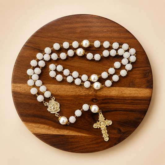 Handcrafted Saint Thérèse Rosary – White Pearl Beads & Gold Crucifix