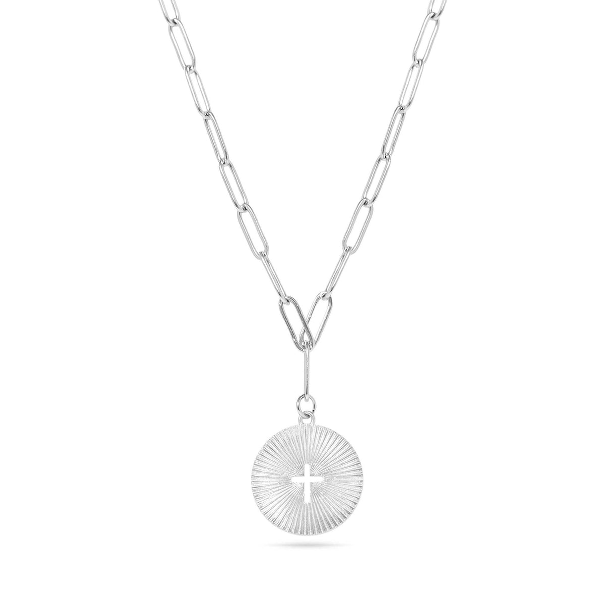 Gold Stainless Steel Sunburst Cross Paperclip Charm Necklace